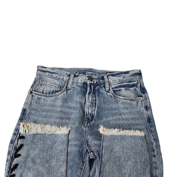 Blanknyc Jeans Womens 27 Blue High Rise Tapered Lace Up Raw Hem Denim Boho - Picture 4 of 14